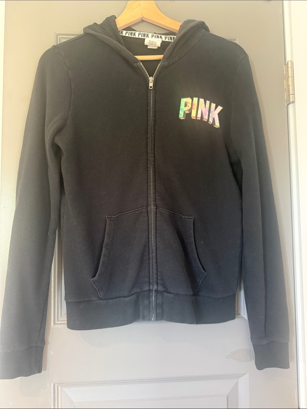 PINK Victoria's Secret Black Zip-Up Hoodie with Iridescent Logo